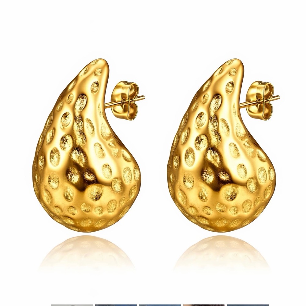 Elegant Gold Textured Earrings TEARDROPS" EARRINGS, 18K GOLD PLATED STEEL